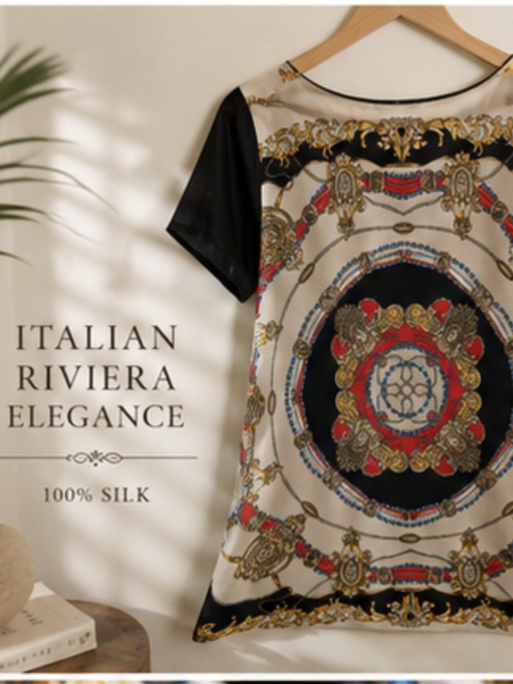 100% Silk Baroque Resort Tunic Dress Italian Riviera L Mare Monte